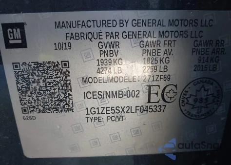 2020 Chevrolet Malibu Fwd Premier из США, поврежденный, VIN 1G1ZE5SX2LF045337